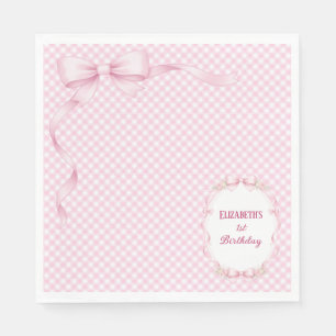 Roze Gingham Strik Eerste Verjaardag Servetten
