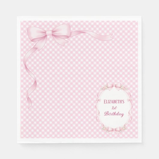 Roze Gingham Strik Eerste Verjaardag Servetten (Voorkant)