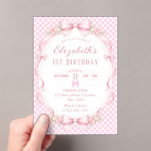 Roze Gingham Strik First Verjaardag Acryl Uitnodigingen (Insitu (Draagbaar))