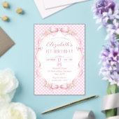 Roze Gingham Strik First Verjaardag Acryl Uitnodigingen (Insitu (Huwelijk))