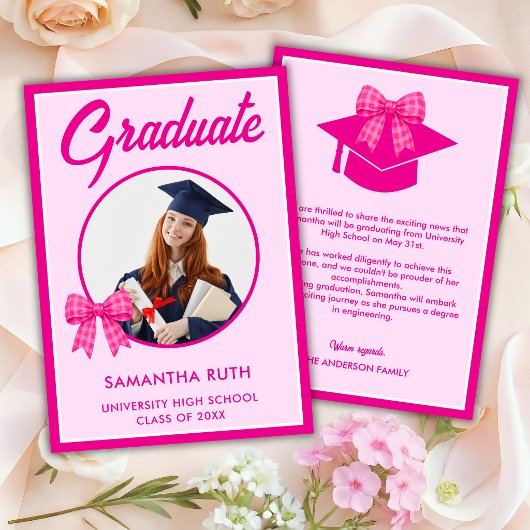 Roze Gingham Strik Foto Afstuderen Aankondiging