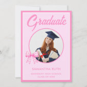 Roze Gingham Strik Foto Afstuderen Aankondiging (Voorkant)