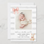Roze Gingham Strik Geboortekaart Konijn Foto (Voorkant)
