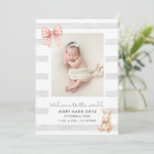 Roze Gingham Strik Geboortekaart Konijn Foto (Staand voorkant)