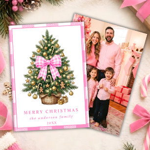 Roze Gingham Strik Kerstdag Familie Foto Kaart