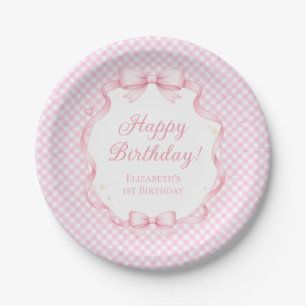 Roze Gingham Strik Meisje 1e Verjaardagsfeest Papi Papieren Bordje