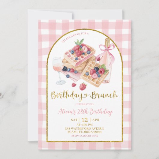 Roze Gingham Strik Roos Wafel Verjaardagsbrunch Kaart (Voorkant)
