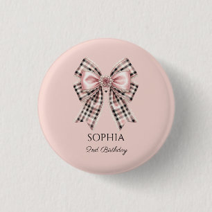 Roze Gingham Strik Verjaardag met Naam en Leeftijd Ronde Button 3,2 Cm