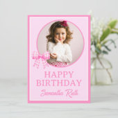 Roze Gingham Strik Verjaardagsfoto Kaart (Staand voorkant)