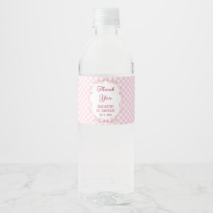 Roze Gingham Strik Waterfles Label Eerste Verjaard Etiket