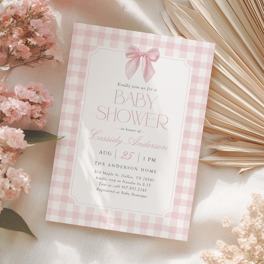 Roze Gingham Strikje Meisje Baby Shower Kaart