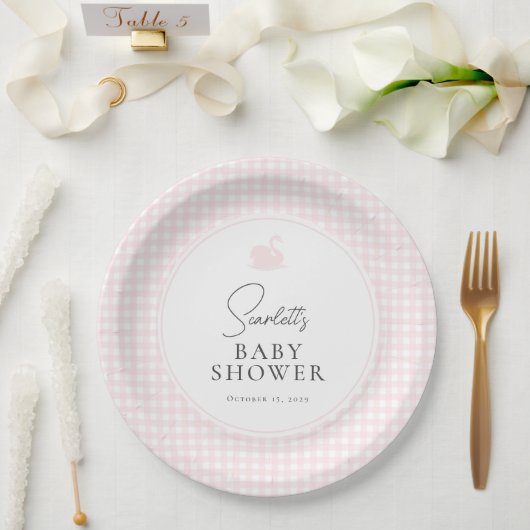 Roze Gingham Swan Baby shower Papieren Bordje (Huwelijk)