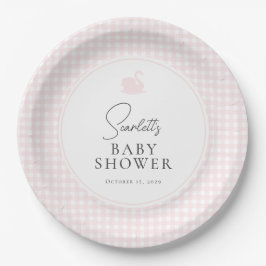 Roze Gingham Swan Baby shower Papieren Bordje