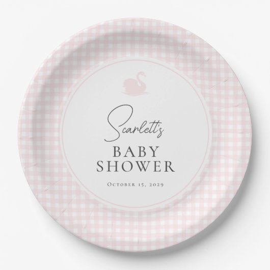 Roze Gingham Swan Baby shower Papieren Bordje (Voorkant)