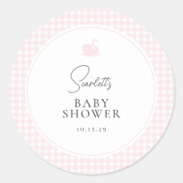 Roze Gingham Swan Baby shower Ronde Sticker