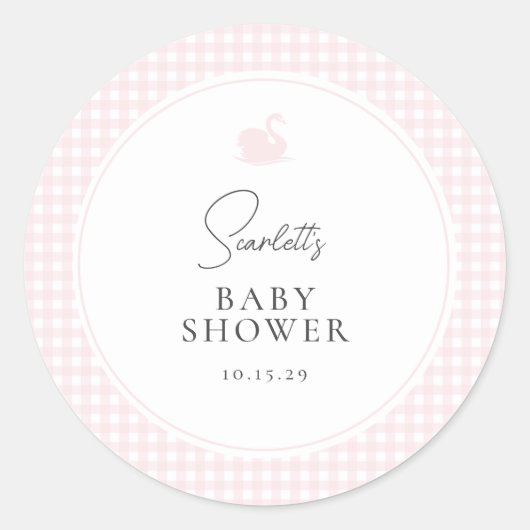 Roze Gingham Swan Baby shower Ronde Sticker (Voorkant)