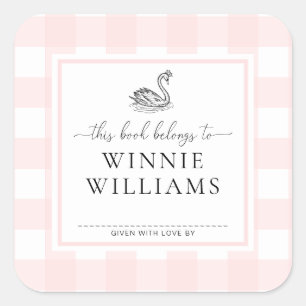 Roze Gingham Swan Boekplaat Sticker