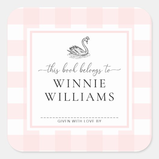 Roze Gingham Swan Boekplaat Sticker (Voorkant)