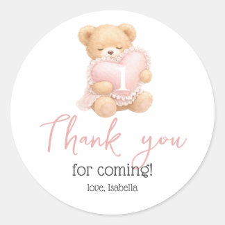 Roze Gingham Teddybeer 1e Verjaardag Ronde Sticker