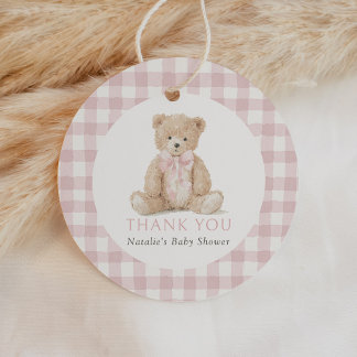Roze Gingham Teddybeer Baby Shower Bedankjes Labels