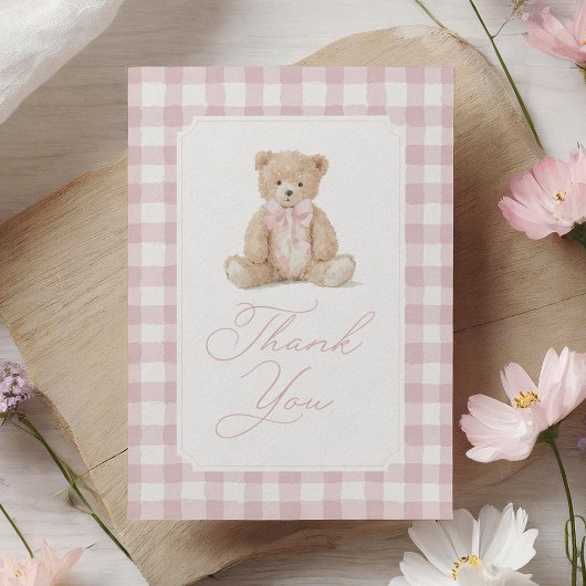 Roze Gingham Teddybeer Baby Shower Bedankkaart