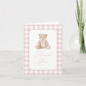 Roze Gingham Teddybeer Baby Shower Bedankkaart (Voorkant)