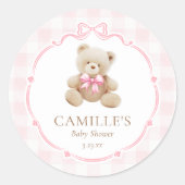 Roze Gingham Teddybeer Baby Shower Ronde Sticker (Voorkant)