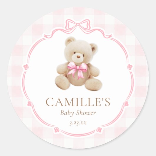 Roze Gingham Teddybeer Baby Shower Ronde Sticker (Voorkant)