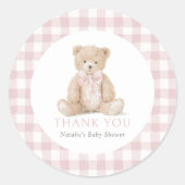 Roze Gingham Teddybeer Baby Shower Ronde Sticker (Voorkant)