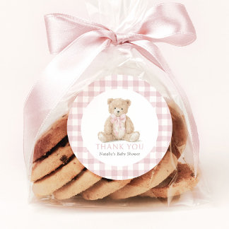 Roze Gingham Teddybeer Baby Shower Ronde Sticker