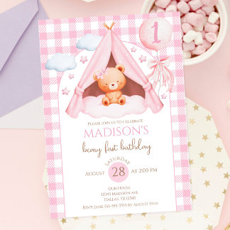 Roze Gingham Teddybeer Ballon Meisje 1e Verjaardag Kaart