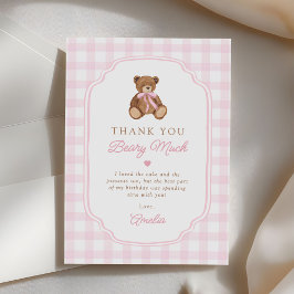 Roze Gingham Teddybeer Beary Eerste Verjaardag Bedankkaart