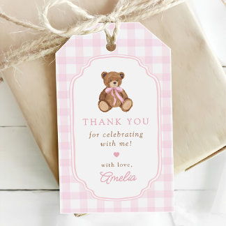 Roze Gingham Teddybeer Beary Eerste Verjaardag Cadeaulabel