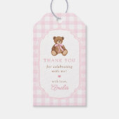 Roze Gingham Teddybeer Beary Eerste Verjaardag Cadeaulabel (Voorkant)