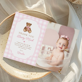 Roze Gingham Teddybeer Beary Eerste Verjaardag Fot Bedankkaart