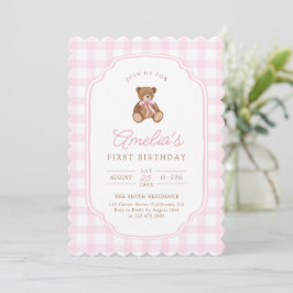 Roze Gingham Teddybeer Beary Eerste Verjaardag Kaart