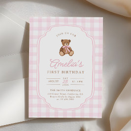Roze Gingham Teddybeer Beary Eerste Verjaardag Kaart