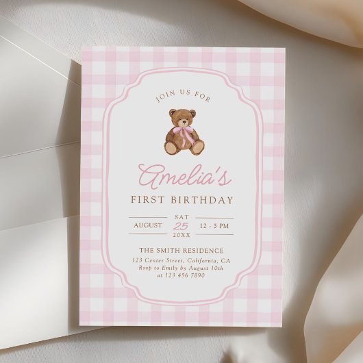 Roze Gingham Teddybeer Beary Eerste Verjaardag Kaart