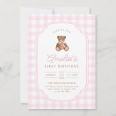 Roze Gingham Teddybeer Beary Eerste Verjaardag Kaart (Voorkant)