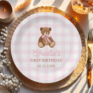 Roze Gingham Teddybeer Beary Eerste Verjaardag Papieren Bordje