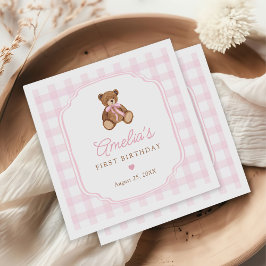 Roze Gingham Teddybeer Beary Eerste Verjaardag Servet