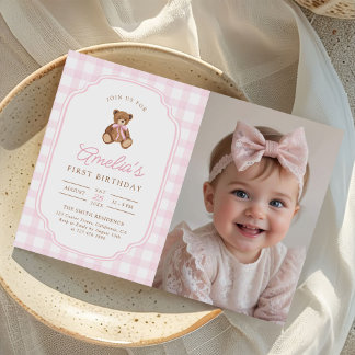 Roze Gingham Teddybeer Beary Eerste Verjaardagsfot Kaart