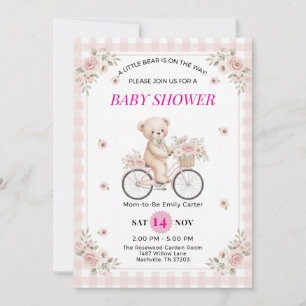 Roze Gingham Teddybeer Fiets Baby Shower Kaart