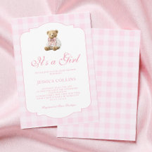 Roze Gingham Teddybeer Het is een meisje Baby Show