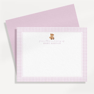 Roze Gingham Teddybeer Kraambriefkaart Aankondiging