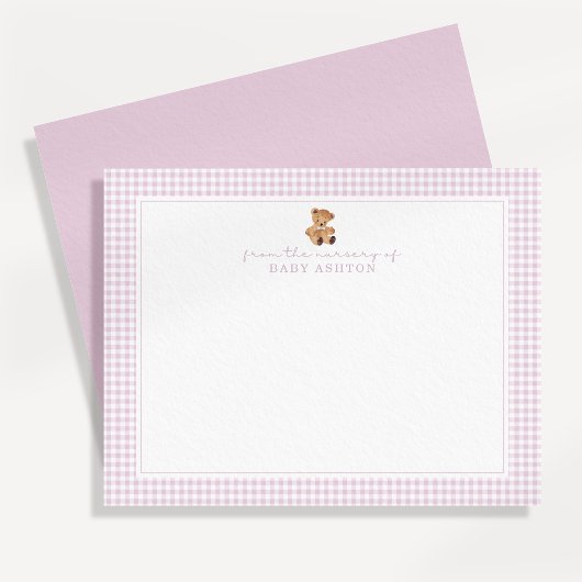 Roze Gingham Teddybeer Kraambriefkaart Aankondiging