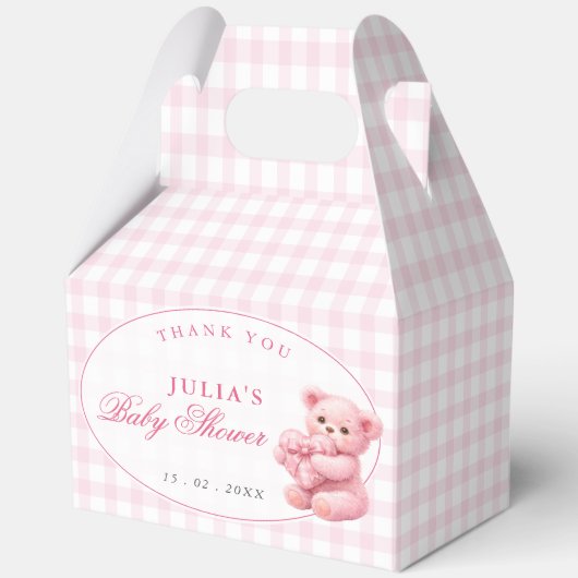 Roze Gingham Teddybeer Neutrale Baby Shower Bedankdoosjes (Voorkant)