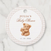 Roze Gingham Teddybeer Neutrale Baby Shower Bedankjes Labels (Voorkant)