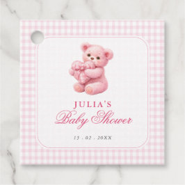 Roze Gingham Teddybeer Neutrale Baby Shower Bedankjes Labels