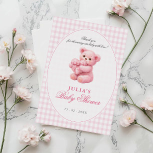 Roze Gingham Teddybeer Neutrale Baby Shower Kaart